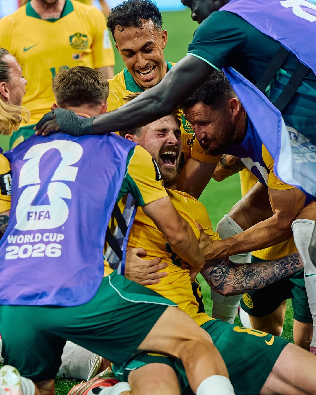 The Socceroos celebrating together at the FIFA World Cup 2026