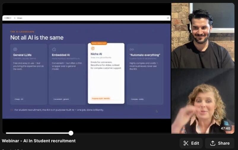 Syed Mosawi and Jo Thomas presenting the AI in Student Recruitment webinar