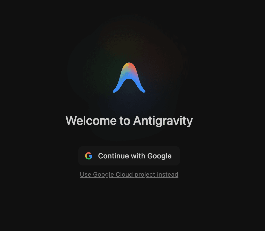 The Google Antigravity welcome screen with a Continue with Google sign-in button