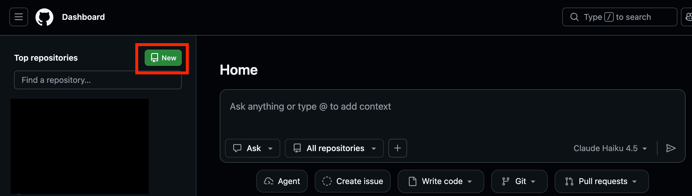 The green New button on the GitHub dashboard, used to create a new repository