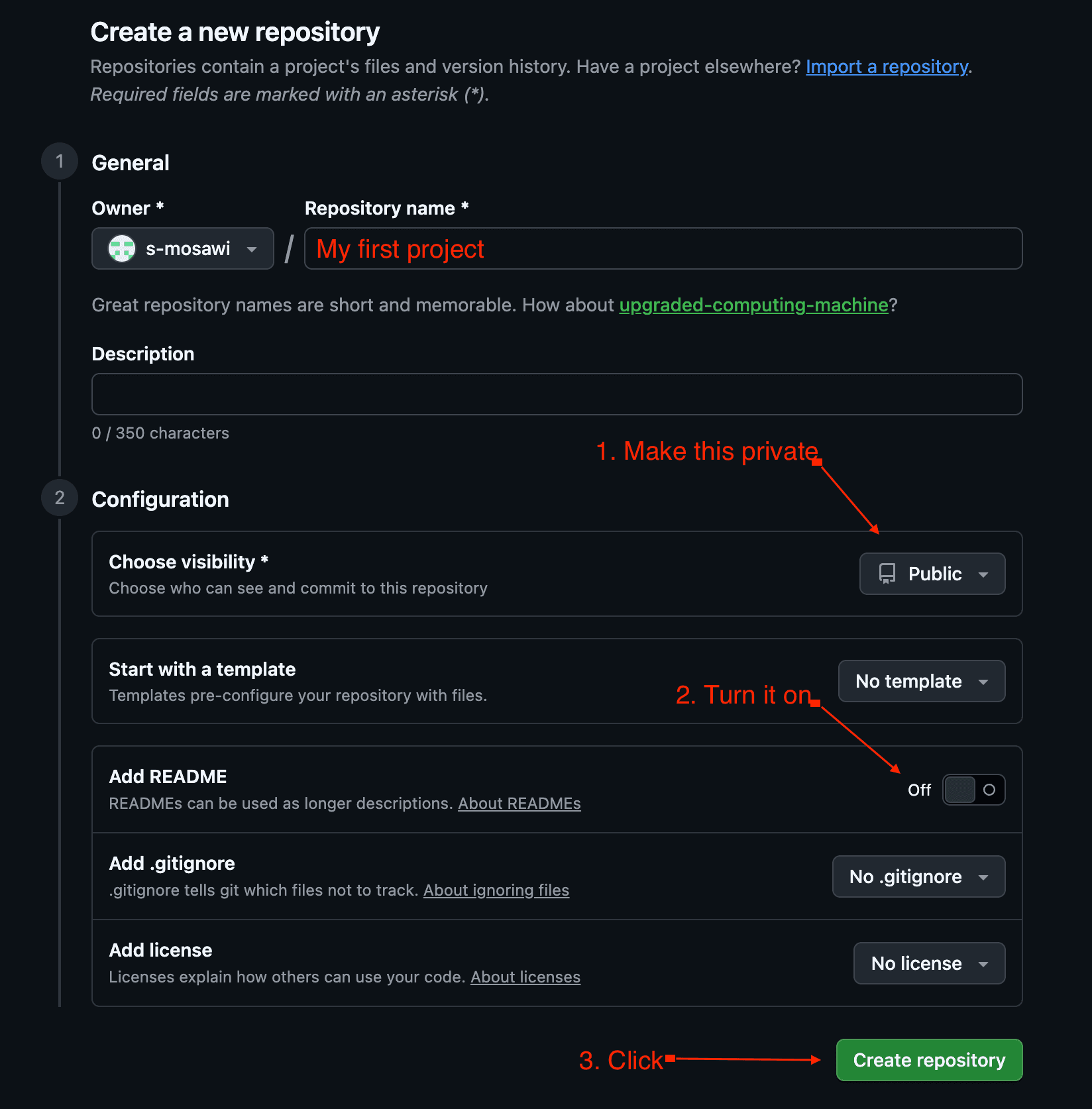 The GitHub create-a-new-repository form, showing where to set visibility to Private, add a README, and click Create repository