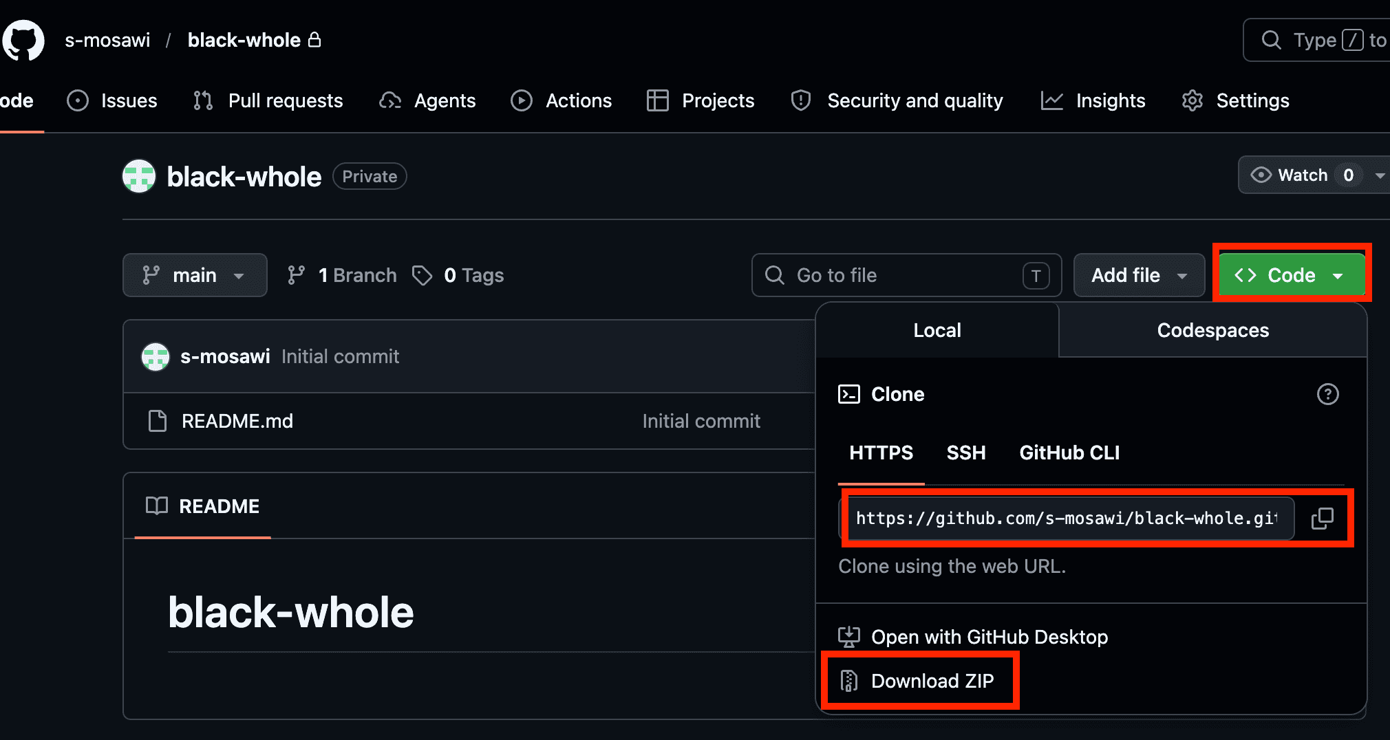 The GitHub Code button expanded, showing the HTTPS clone URL ending in .git and the Download ZIP option to avoid