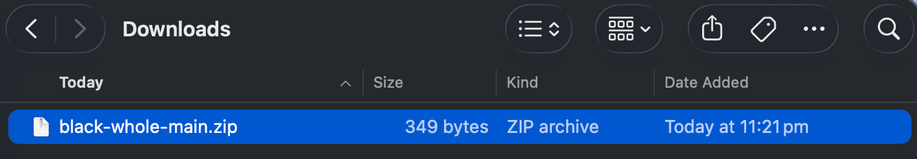 A downloaded project ZIP file sitting in the Downloads folder, disconnected from GitHub