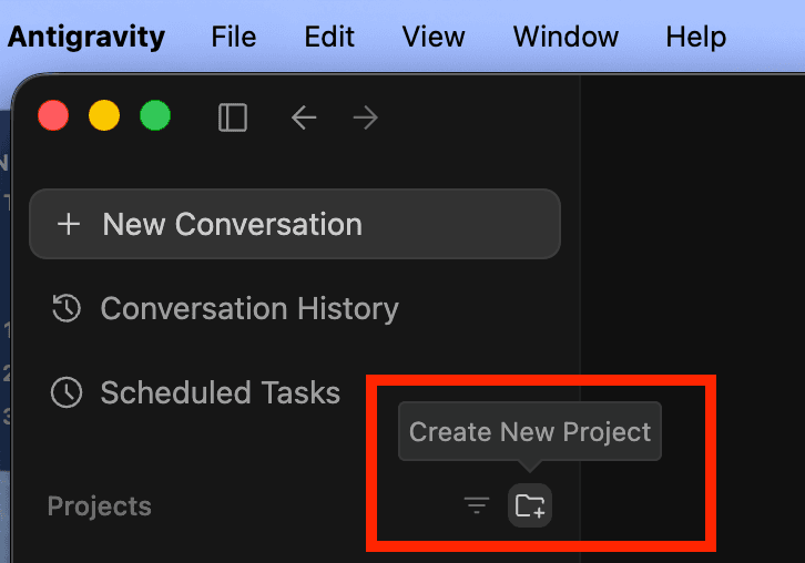 The Create New Project button highlighted in the Antigravity sidebar