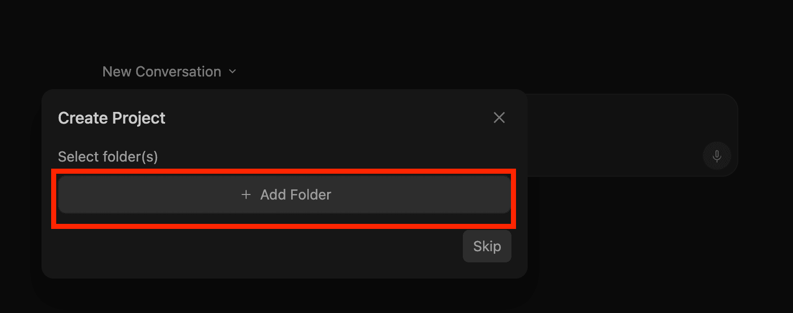 The Create Project dialog in Antigravity with the Add Folder button highlighted
