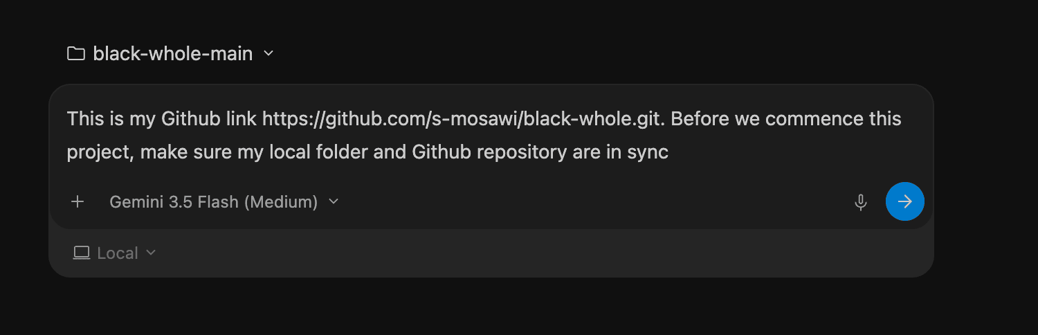 The Antigravity chat with a typed instruction to sync the local folder with a GitHub repository link