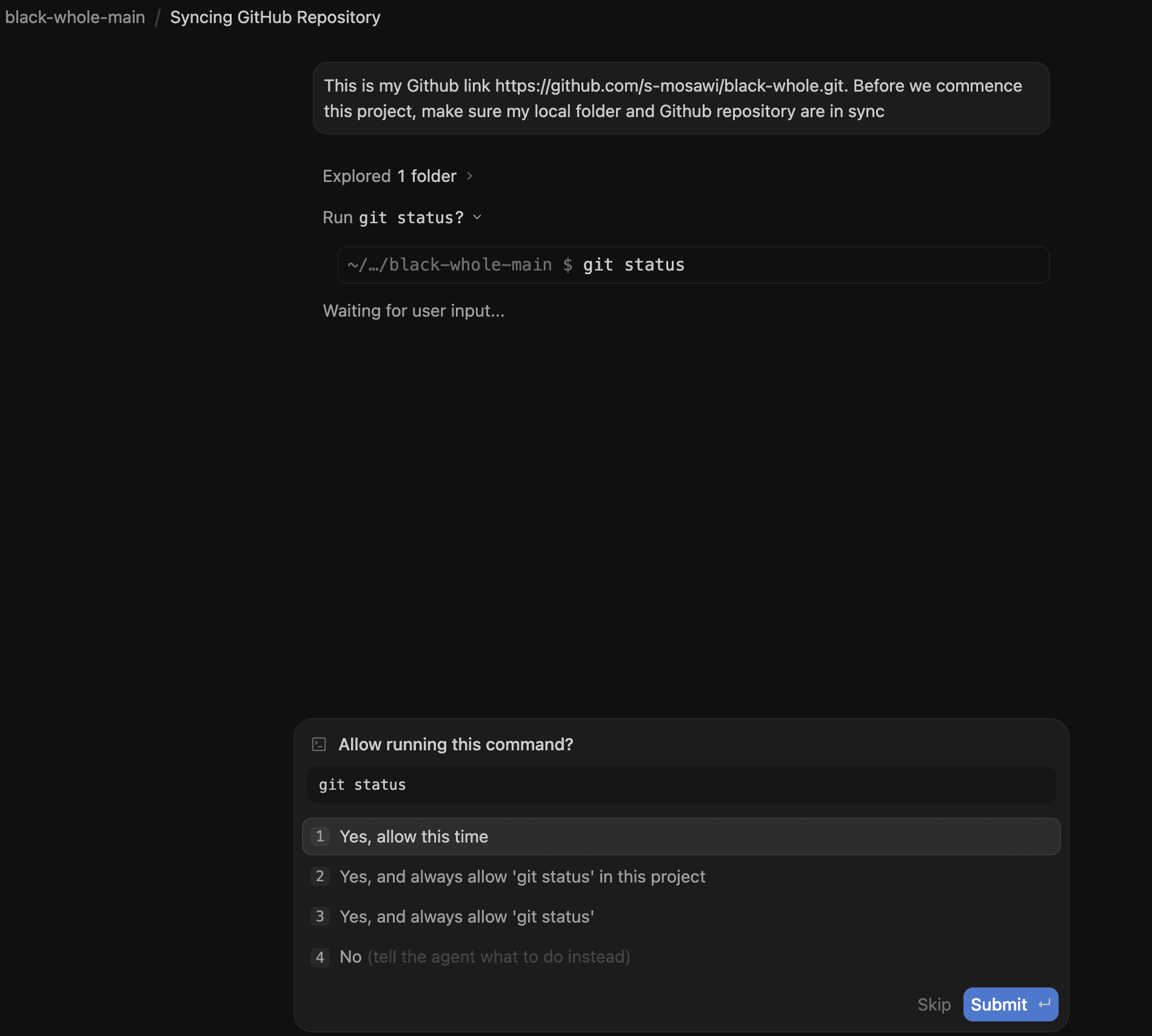 Antigravity asking permission before running a git status command, with Allow options