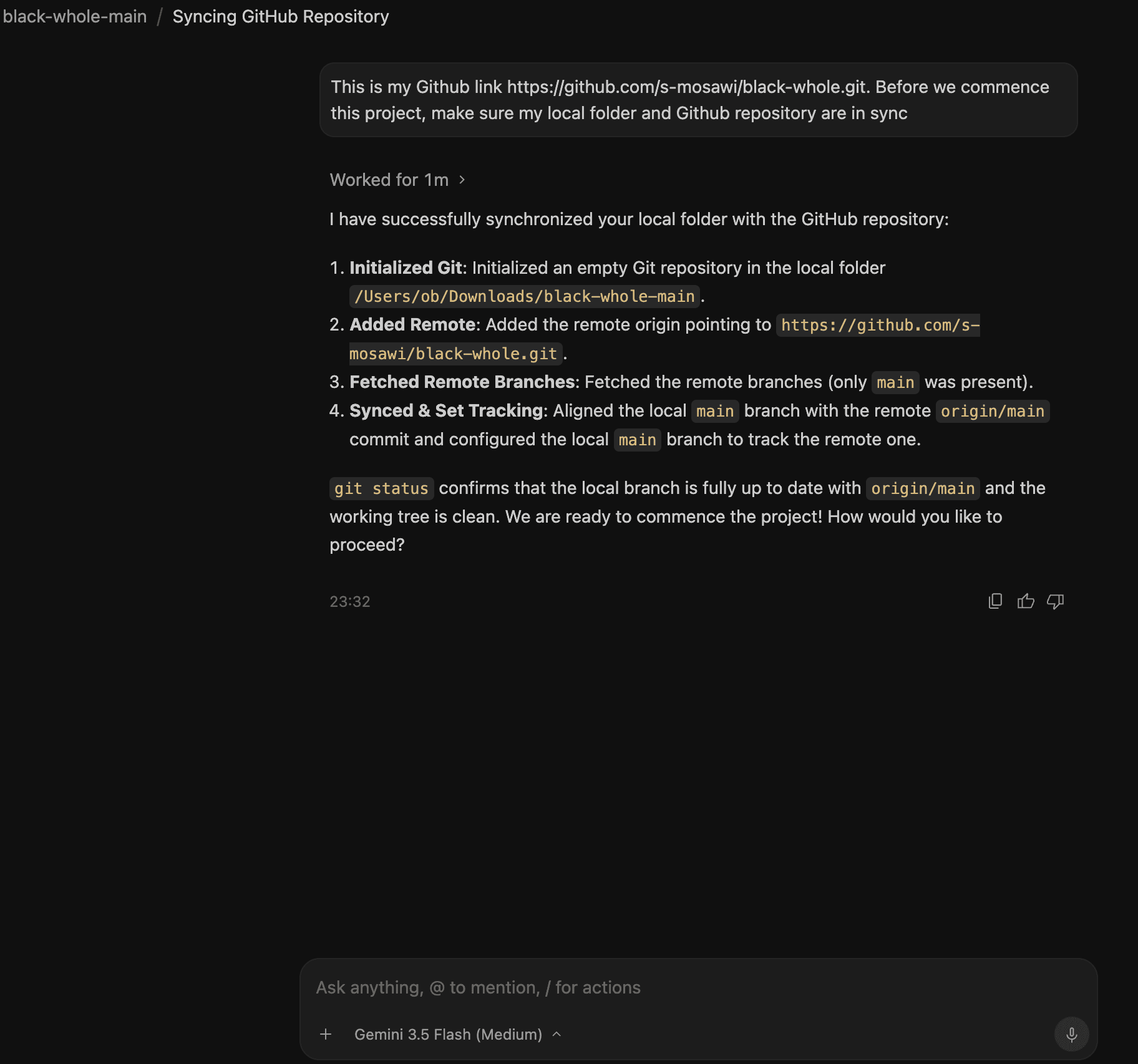 Antigravity confirming it has initialised git, added the remote, and synced the local folder with GitHub