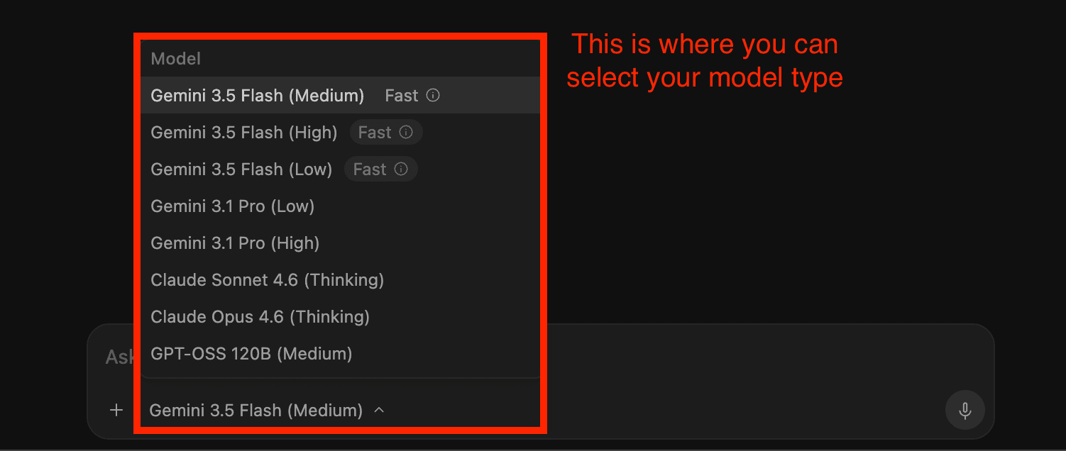 The Antigravity model picker, showing Gemini and Claude model options to choose from