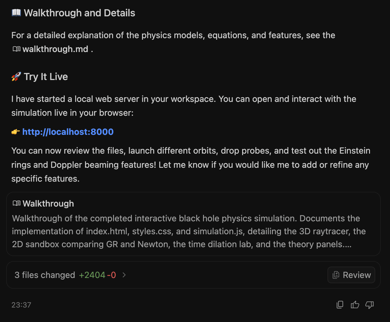 Antigravity offering a Try It Live localhost link after building, alongside a summary of files changed