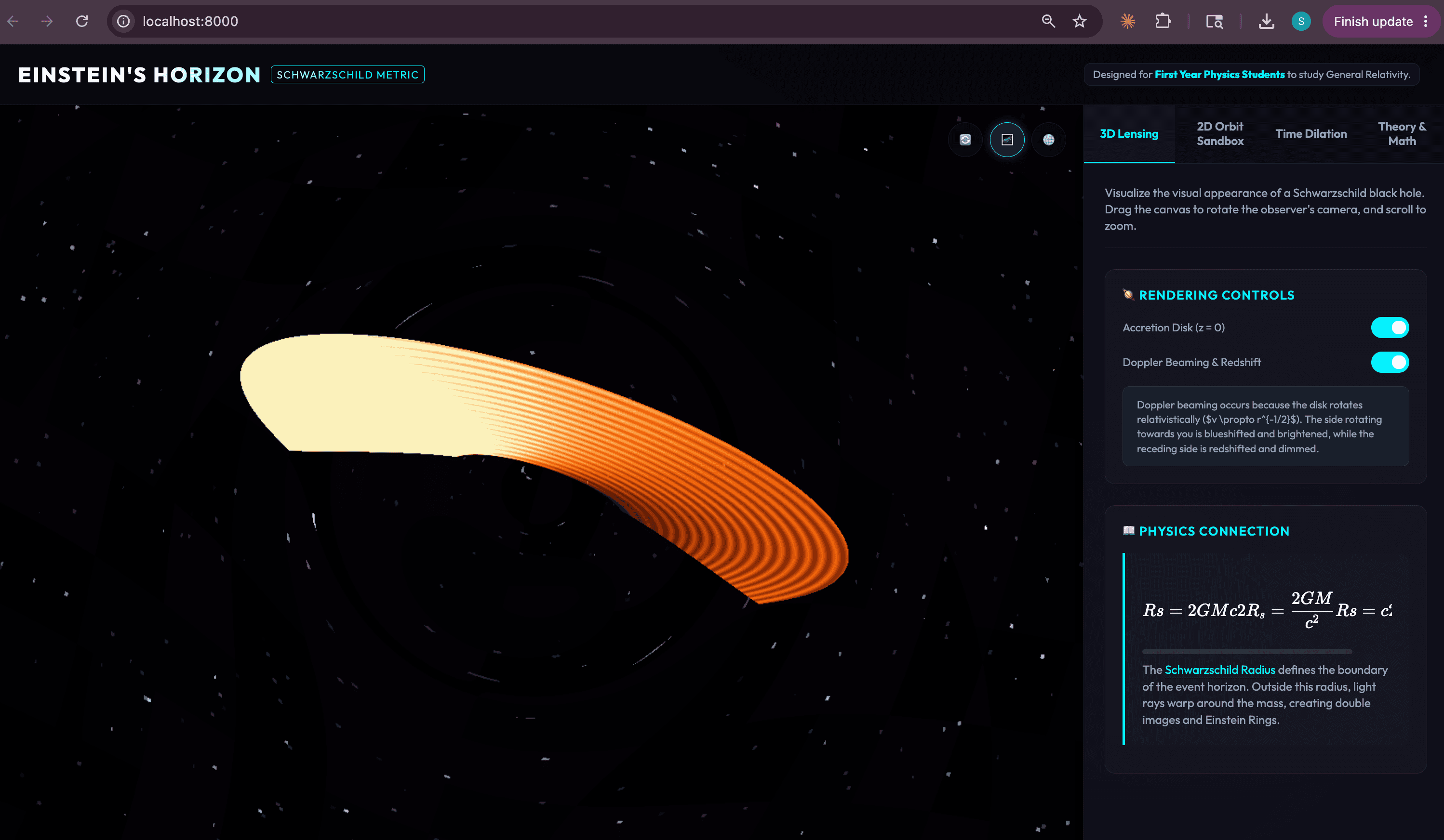 The finished interactive black hole simulation running in a browser at localhost